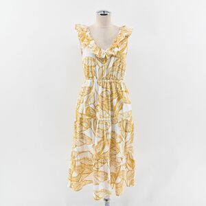 SUGAR LIPS Dress Size XS Yellow Tropical Print Poplin Cotton Ruffle Tiered Midi‎